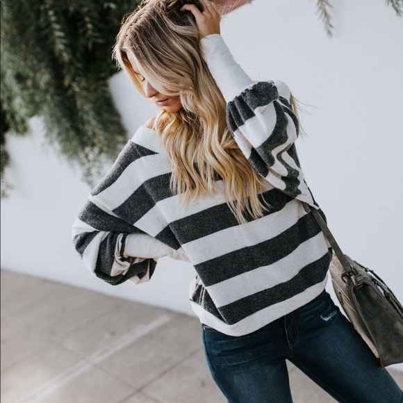 Alexa Brush Knit Stripe Top - Oatmeal/Charcoal - Picture 2 of 8